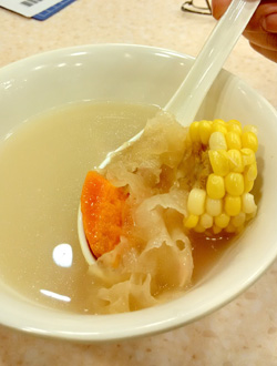 A nourishing soup with carrot, corn, white fungus and pork ribs